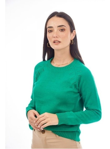 Sweater Mujer Tejido Hilo Liso Calado Manga Larga 