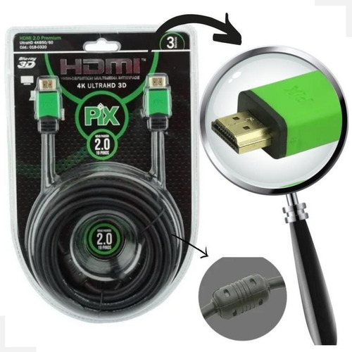 Cabo Hdmi 19 Pinos 3 Metros 2.0 4k Ultra Hd 3d Uhd C/ Filtro