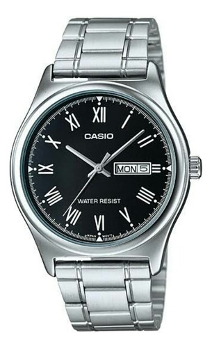 Reloj Casio Modelo Mtp-v006 Metal Carátula Negra Romanos Color Del Fondo Negro Color De La Correa Plateado Color Del Bisel Plateado