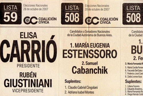 Boleta Electoral  -  Coalición Cívica  Octubre 2007 - Carrió