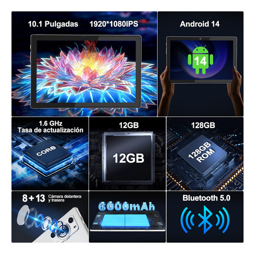 Tablet VUEKIME Tableta Android 14, 10.1 Pulgadas, Octa-Núcleo, G + G Capacitiva, Cámara Dual, 12 GB de RAM + 128 GB de ROM, Tableta 2 en 1 con Teclado Mouse Funda y Lápiz Óptico