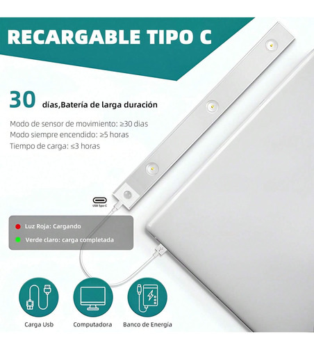 Luz Led Sensor De Movimiento,40cm Recargable Con 3 Colores
