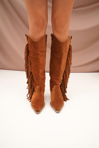 Botas Texanas Mujer Caña Alta Cuero Gamuza 100% Flecos Berna