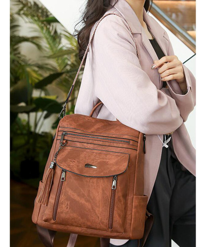 Mochilas Para Mujer Impermeable Antirrobo Pu Suave Bolso Color Marrón
