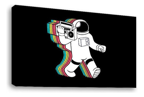 Cuadro Decorativo Canvas Moderno Astronauta Música Color Natural Armazón Natural