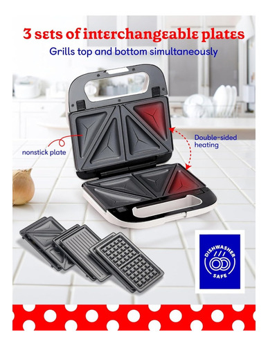 Betty Crocker 3en1 Sandwichera Wafflera Parrilla Maker Plus Blanco