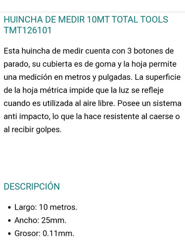 Huincha De Medir Flexometro 10 Metros Total Tmt126101