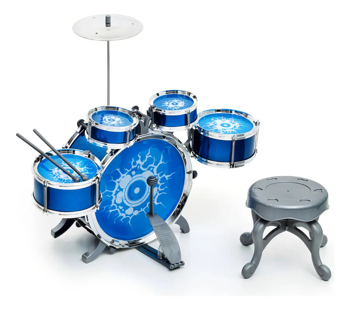 Bateria Infantil Rock Party Com Banquinho Banqueta Cor Azul