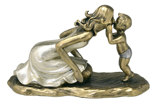 Escultura Figura Decorativa Em Resina Mãe E Filho Dourado