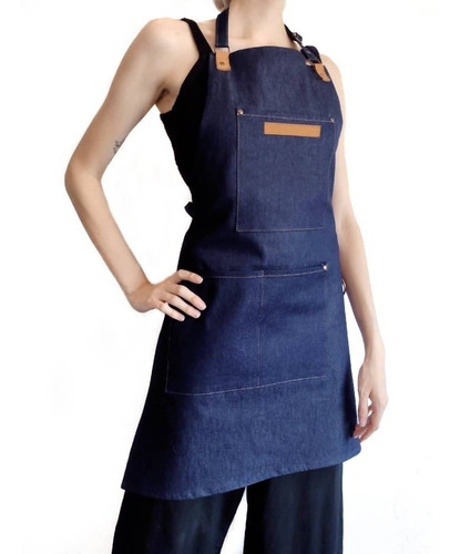 Imagen 1 de 7 de Delantal Denim Jean Y Cuero Con Porta Repasador Bolsillos