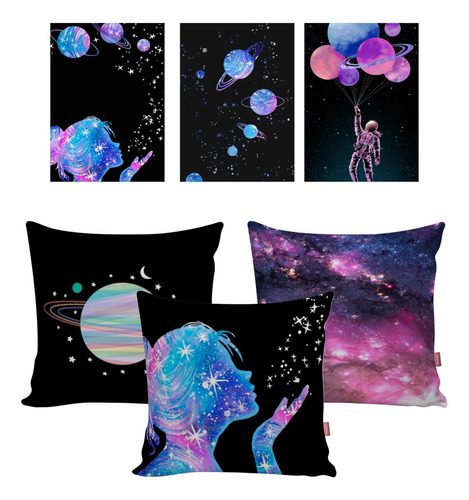 Kit 3 Quadros + 3 Capa Almofada Menina Espaço Estrelas