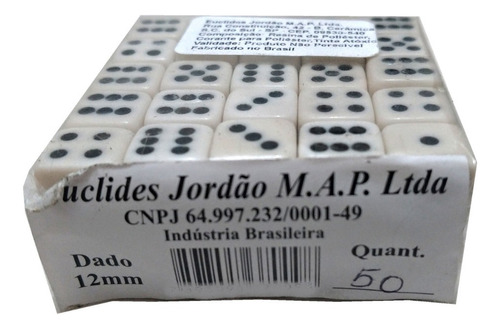Jogo De Dados 12mm (1,2cm) Euclides Jordão 50 Unid. C/ Cor Branco