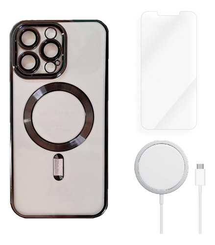 Funda Magsafe Para Iphone + Mica Templada + Cargador Magsafe Negro 16 Pro
