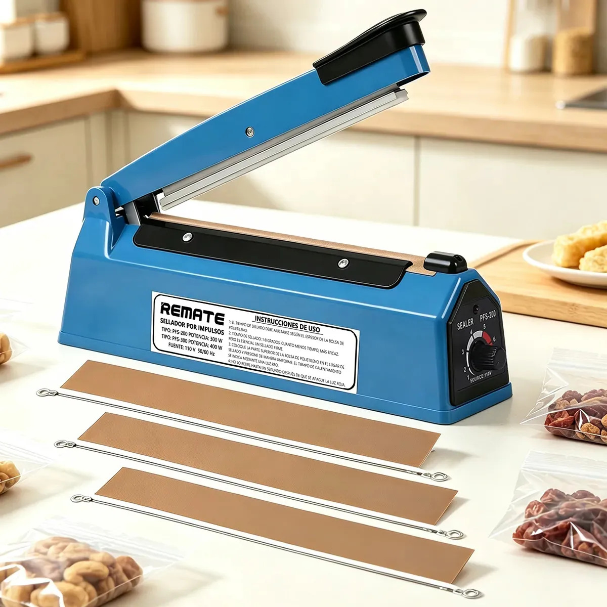 Máquina Selladora Térmica De Bolsas De Plástico De 20cm 450W 8 Ajustes de Temperatura Ancho 2mm Mantenga los Alimentos Frescos Sella Plástico Mylar Polietileno/PE/PP Regalo 3 Resis
