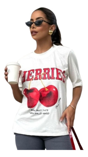Camiseta Feminina T-shirt Estampa Cereja Cherry Tendencia