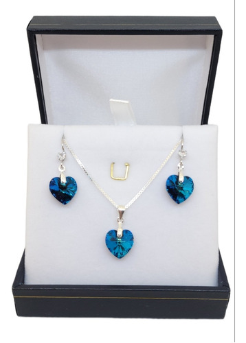 Conjunto De Plata Cadena + Aros Corazón Vitral 10mm Estuche