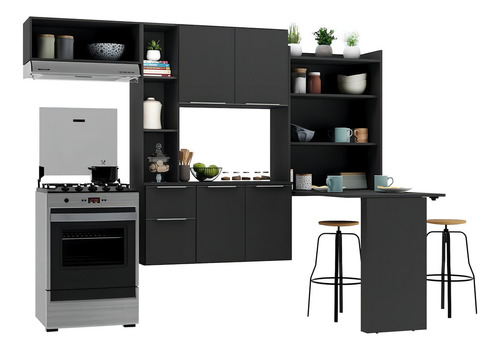 Armário de Cozinha Compacta com Mesa Dobrável MP2009 Sofia Multimóveis Preta