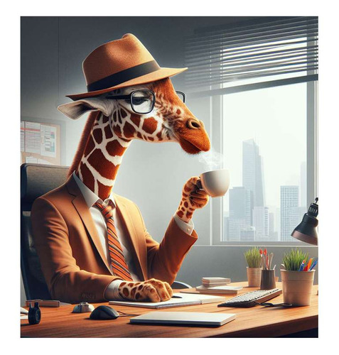 Vinilo 60x60cm Girafa Tomando Un Cafe En Su Trabajo