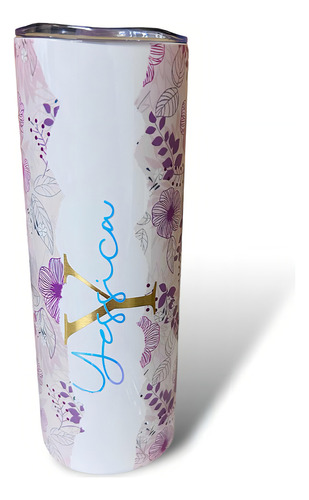 Termo De 600 Ml, Flores Vintage, Personalizado Con Nombre Color Rosa Claro