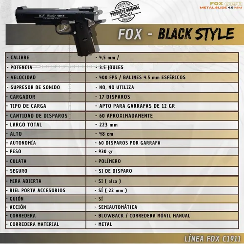 Pistola Fox Metal Slide Combat Colt 1911 Balines Funda 3c.