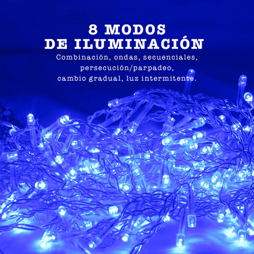 Serie Navidad 100 Luces Led 5 Mts Azul 8 Tiempos Decoracion