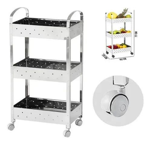 Imagem 2 de 6 de Fruteira De Chão Organizadora Cozinha 3 Andares Inox Rodizio