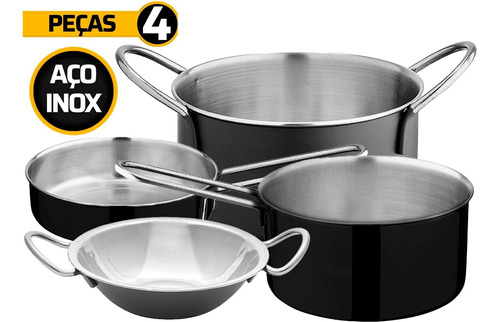 Jogo De Panelas 4 Pçs Viena Aço Inox Preto 12 Cm