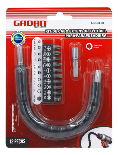 Kit Cabo Extensor Flexivel 24cm + 11 Pcs Para Parafusadeira