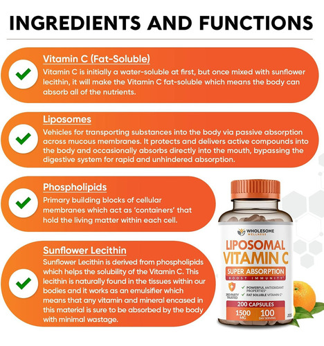 Vitamina C Liposomal Alta Absorcion 1500 Mg 200 Caps Sabor Sin Sabor