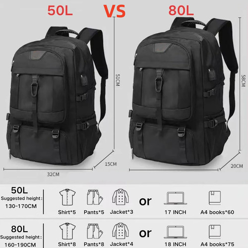 Mochila De Viaje Deportiva Gym Impermeable Para Hombre De Grande Capacidad 80l Con Compartimentos Para Zapatos Y Laptop De 18'' Escolar Negro Con Puerto De Carga Usb