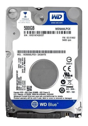 Disco Duro Wd Blue 2.5 500gb Sata3 6gb/s 16mb 5400rpm 7mm P/