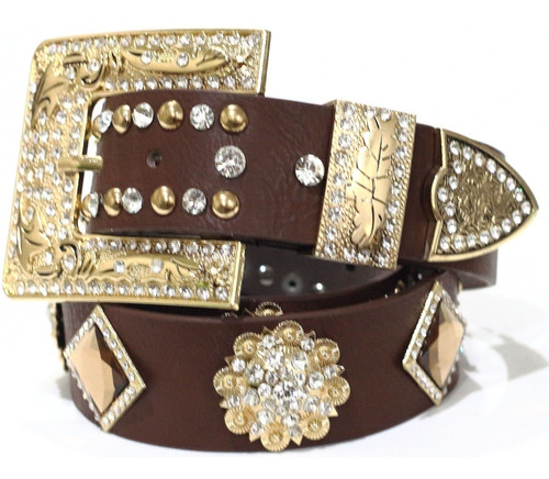 Cinto Moda Country Feminino Marrom Com  Pedras E Strass 