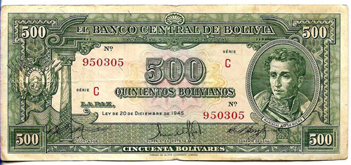 #b39 Bolivia 500 Bolivianos Año 1945 Xf