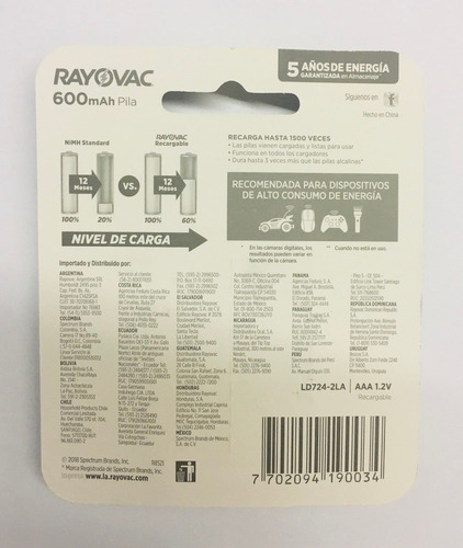 Imagen 2 de 5 de Pila Recargable Aaa Rayovac 600mah Pack X 2 Ar1 Raaareca