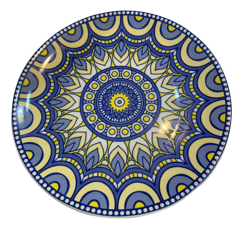 Plato Plano De Porcelana 26cm Azul Y Amarillo