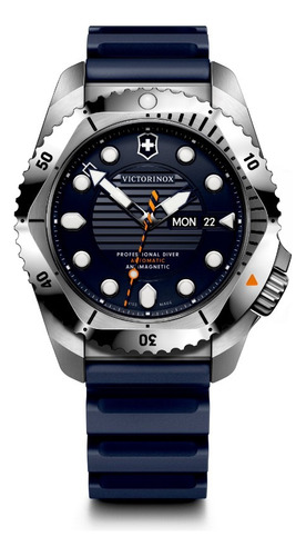 Victorinox Reloj Dive Pro Automatic, Azul, 43 Mm Correa Azul Oscuro Bisel Plateado Fondo Azul Oscuro