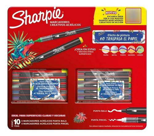 Marcadores Acrílicos Sharpie: 5 Punta Pincel + 5 Punta Bala