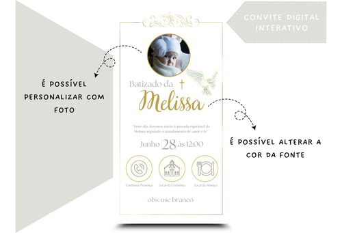 Convite Digital Interativo Batismo/batizado Personalizável Branco
