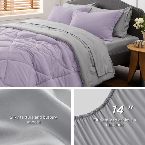 Juego Edredon Y Ropa De Cama Individual Color Lila Y Gris