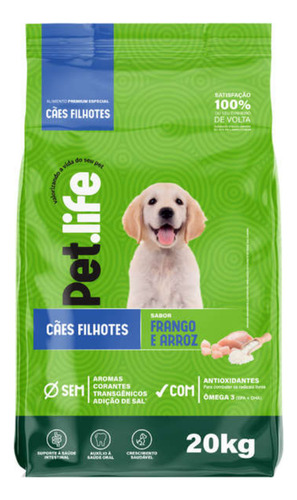 Ração Premium Pet Life Frango E Arroz P/ Cães Filhotes 20kg