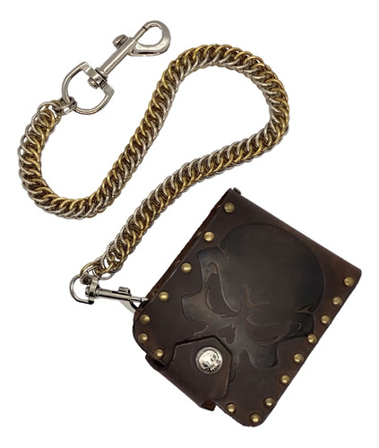 Cartera De Piel Skull Gold Con Cadena Biker Metal Rock Hipst