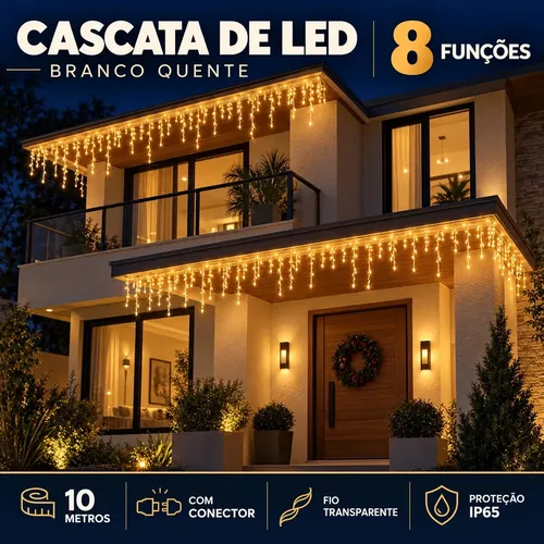 10m Cascata 400 Leds 8 Funções Luzes Natal Pisca Prova Dágua Branco-quente 110v