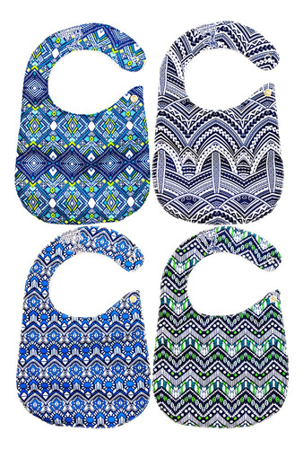 Kit 4 Baberos Para Bebé Tribal Azul De Algodón Impermeable Talla Unitalla