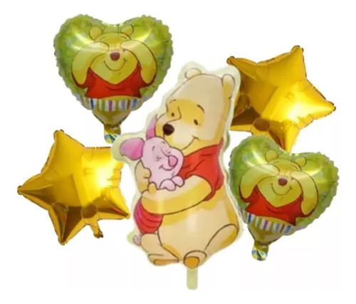Set 5 Piezas Globos Metalizados Winie Pooh Amarillo Estrellas