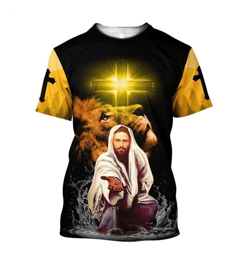 Camiseta Con Estampado De León Y Jesús Cristiano En 3d