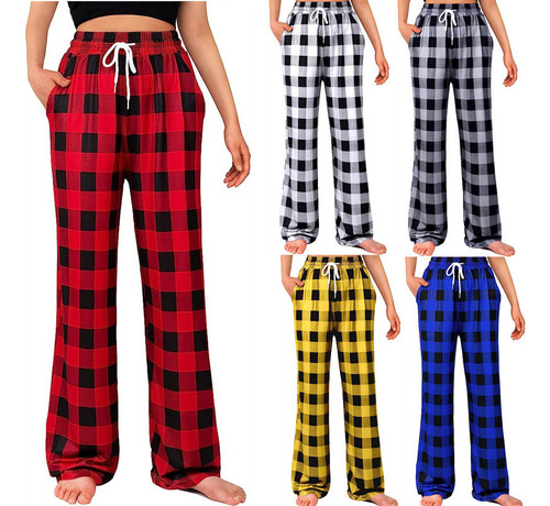2025 Pantalones De Pijama Elásticos A Cuadros Con Cordones