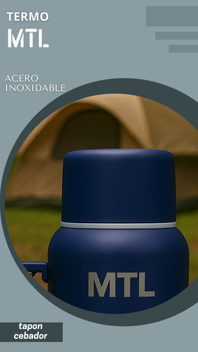 Termo Mtl 1 Litro Acero Inoxidable Color Azul Tapa Vaso Cebador Doble Pared Ligero 24hs Frio Calor Mate Camping Oficina Compacto Manija Facil De Limpiar