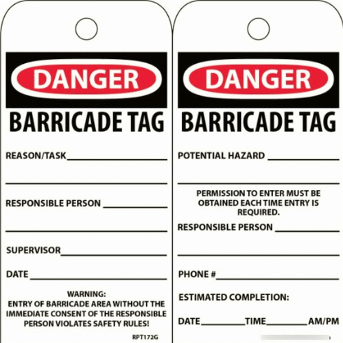 Nmc Rpt172 Accident Prevention Tag, Danger Barricade Tag, 3