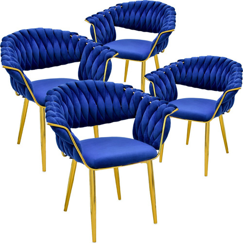 Set 4 Sillas Tejidas Elegantes Comedor Terciopelo Modernas Estructura De La Silla Dorado Asiento Negro