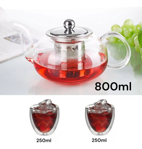 Tetera Vidrio Infusor Acero Tapa 800ml 2 Vasos Termicos Veoquiero